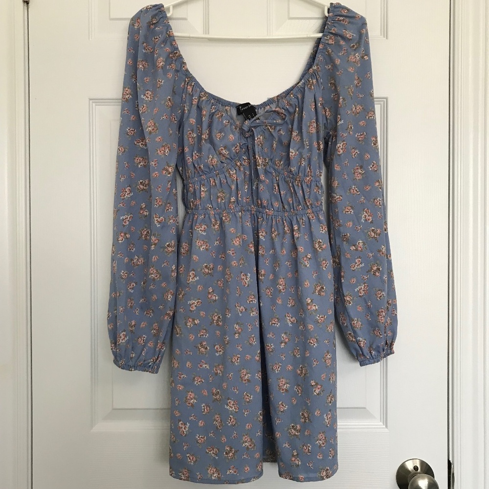 Streetwear Society Long Sleeve Sweetheart Neckline Tie Floral Dress S Blue Peach